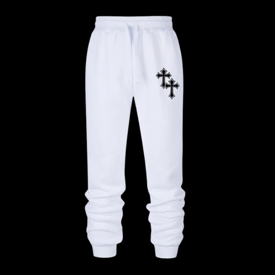 Close up front view of LuxCrux™ Faith Trés Sweatpants on a black background. White variant.
