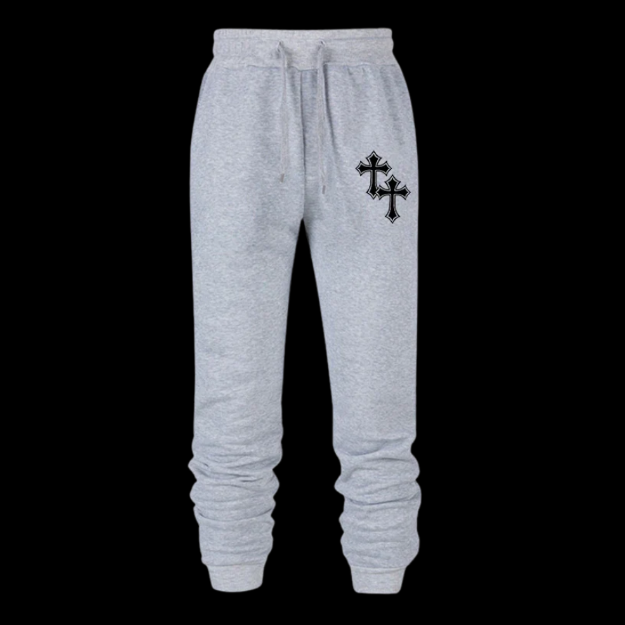 Close up front view of LuxCrux™ Faith Trés Sweatpants on a black background. Gray variant.