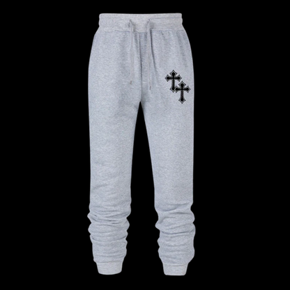 Close up front view of LuxCrux™ Faith Trés Sweatpants on a black background. Gray variant.