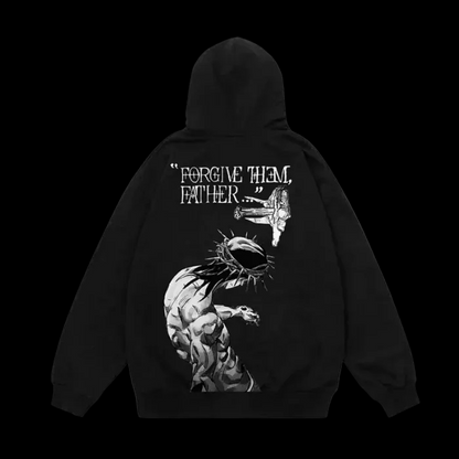 Close up  back view of the LuxCrux™ Premium Forgive Them Father Hoodie: Black variant on a pitch black background