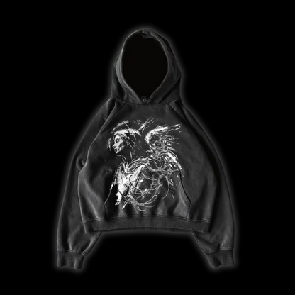 Close up front view of the LuxCrux™ Archangel Base Hoodie on a black background of the black variant.