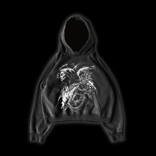 Close up front view of the LuxCrux™ Archangel Base Hoodie on a black background of the black variant.
