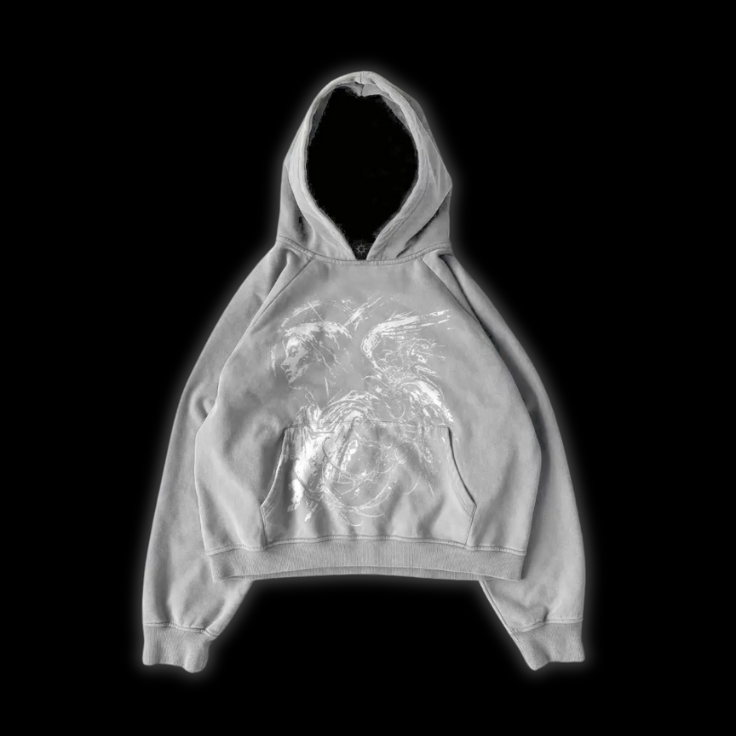 Close up front view of the LuxCrux™ Archangel Base Hoodie on a black background of the gray variant.