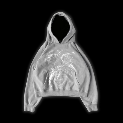 Close up front view of the LuxCrux™ Archangel Base Hoodie on a black background of the gray variant.