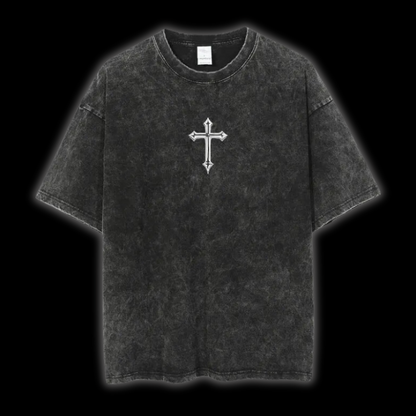 Front view of the LuxCrux™ Neon Cross Pump Cover T-Shirt, vintage variant on a black background.