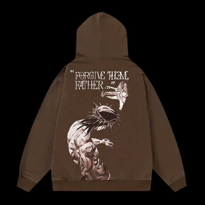 Close up  back view of the LuxCrux™ Premium Forgive Them Father Hoodie: brown variant on a pitch black background