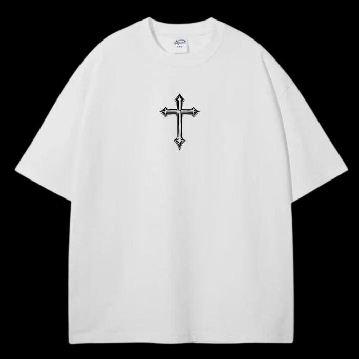 Front view of the LuxCrux™ Neon Cross Pump Cover T-Shirt, white variant on a black background.