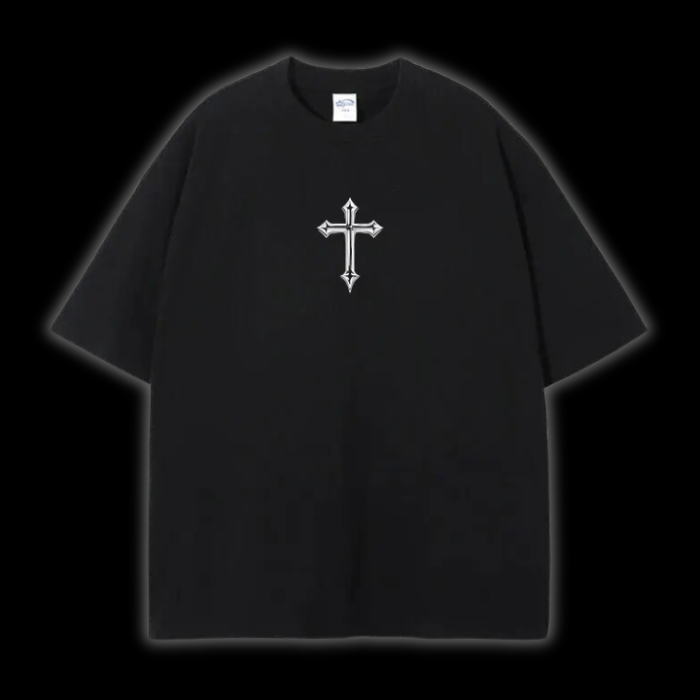 Front view of the LuxCrux™ Neon Cross Pump Cover T-Shirt, black variant on a black background.