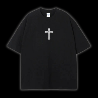 Front view of the LuxCrux™ Neon Cross Pump Cover T-Shirt, black variant on a black background.