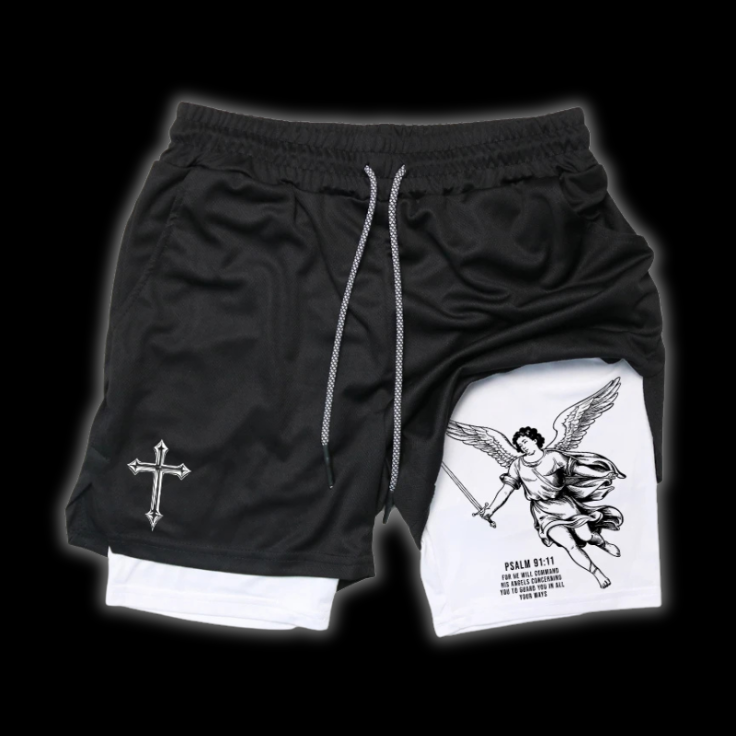 Close up front view of LuxCrux Angel Shorts Black/White variant.
