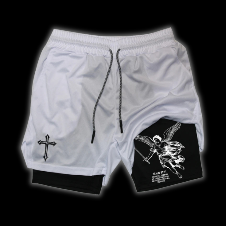 Close up front view of LuxCrux Angel Shorts White/Black variant.
