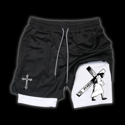 Close up front view of LuxCrux Jesus Shorts, Black/White variant on a black background