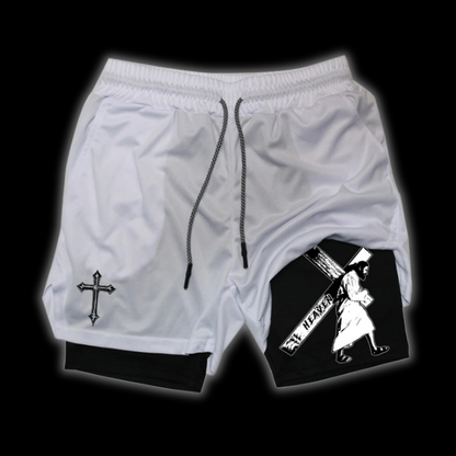 Close up front view of LuxCrux Jesus Shorts, White/Black variant on a black background
