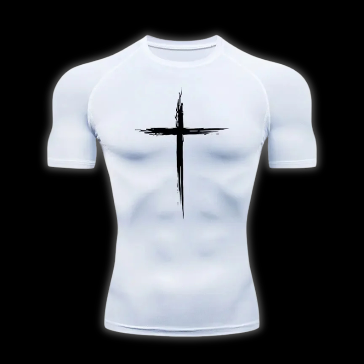 Close up front view of the LuxCrux™ Legacy Short-Sleeved Compression Shirt, white variant on a black background. 