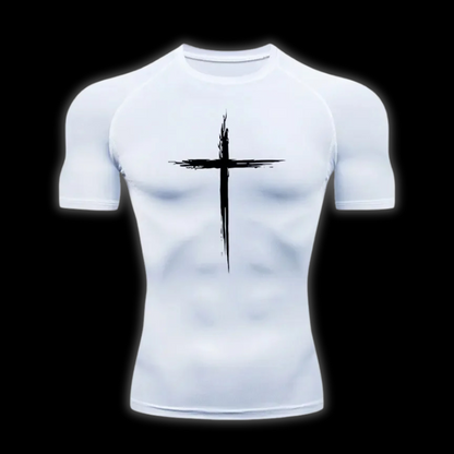Close up front view of the LuxCrux™ Legacy Short-Sleeved Compression Shirt, white variant on a black background. 
