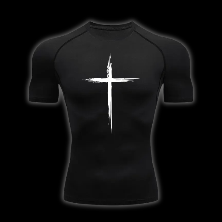 Close up front view of the LuxCrux™ Legacy Short-Sleeved Compression Shirt, black variant on a black background. 
