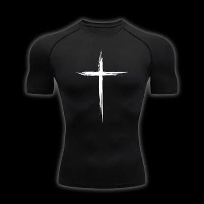 Close up front view of the LuxCrux™ Legacy Short-Sleeved Compression Shirt, black variant on a black background. 